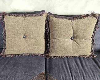 Pair of 20" Double D Decorative Throw Pillows with Leather Fringe & Button Tufting