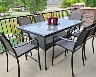 7pc Black Patio Counter Height Dining Set – Glass Table + 6 Mesh Chairs + Red Pots – 66" x 40"