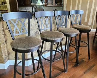 Set of 4 Custom 34” Swivel Bar Stools – Brown Metal Frame, Wood Back, Embossed Leather Seats