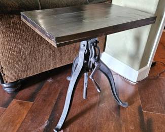 Lot #17 - Industrial Crank Side Table – Solid Wood Top & Cast Iron Legs – Adjustable Height Vintage Style
