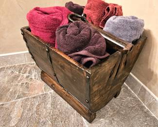 Rustic Wooden Towel Bin Organizer - Includes Soft Towels in Assorted Colors