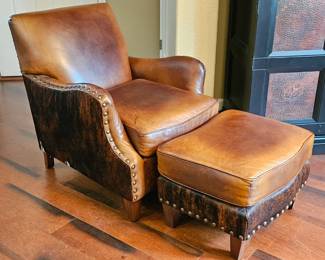 Seven Seas by Hooker Leather Club Chair & Ottoman Set w/ Cowhide Sides Western Nail Head Ranch Style