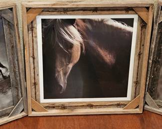 Set of Three Framed Horse Photographs with Weathered Frames and Barbed Wire Accents