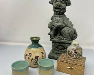 Ceramic Pottery Sake Set with Cups, Decorative Glass Snuff Bottle with Painted Kittens and a Fu Dog Statue