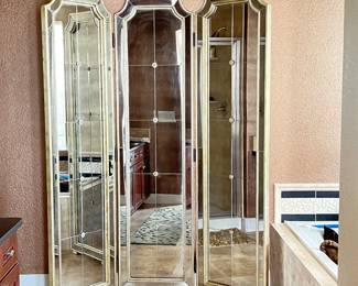 -Uttermost Mirrored Folding Screen Room Divider 3-Panel Beveled Glass Gold Trim 81”- Antiqued Glass