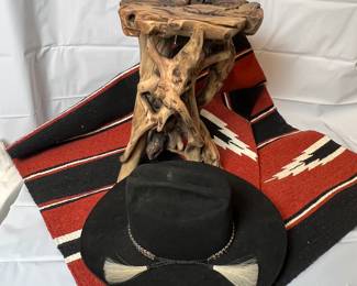 Unique Tree Root Wooden Stool - Black Felt Cowboy Hat with Braided Band & Woven Rug/Blanket
