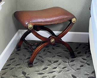 Brown Leather Curule Cherry Bench