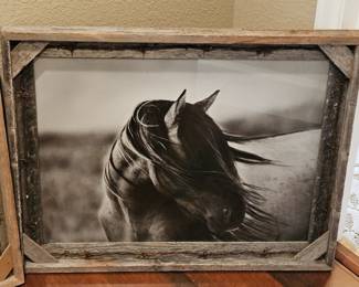 Set of Three Framed Horse Photographs with Weathered Frames and Barbed Wire Accents