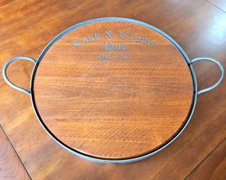 Vintage Style Solid Wood Serving Tray with Steel Frame - "Cask & Crown Pub Est. 1746" - 21" Diameter
