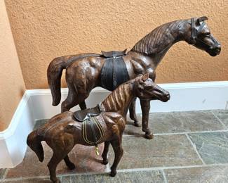Horse Figurines Pair w/ Leather Saddles & Lots of detail Work! – 17” & 13” Rustic Decor