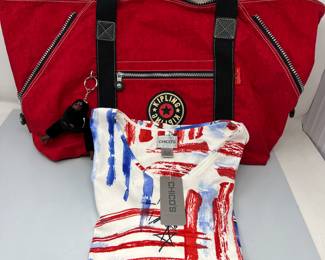Kipling Red Canvas Duffle Bag with Monkey Keychain & Chico's 3/4 Sleeve Star Print Top