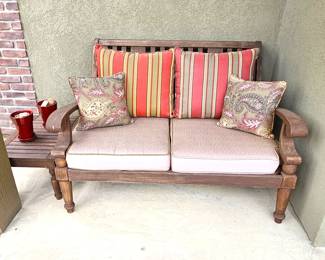 - Outdoor Patio Bench with Matching Side Table – 50” Wide – Cushions & Accent Pillows Included