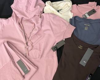 New 6 -Piece Women's Apparel Lot - Hoodie and Pants Set, T-Shirts, Sizes L & XL, Pink, Blue Gray, Cream, Brown
