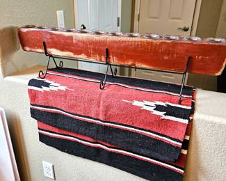 Southwestern Wool Throw Blanket 30x60 & Rustic 38" Wood Votive Candle Holder w/ Wrought Iron Stand
