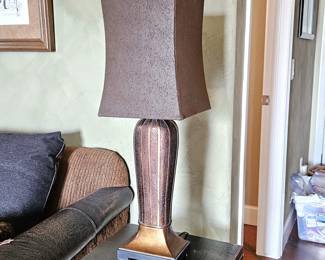 Vintage Style Copper-Tone Table Lamp with Brown Square Shade 30" Tall Textured Base