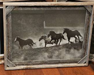 Set of Three Framed Horse Photographs with Weathered Frames and Barbed Wire Accents