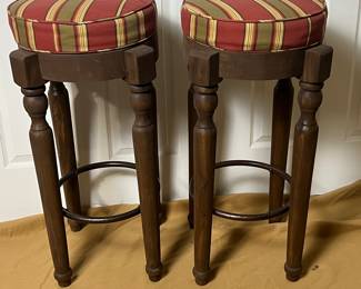 Set of 2 LIKE NEW Wooden Bar Stools with Red and Gold Striped Cushions- Excellent Quality