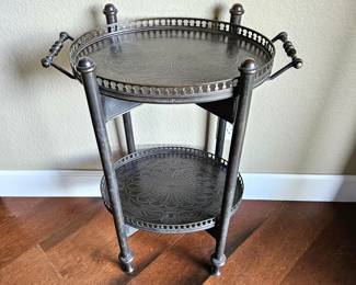 - Vintage Iron End Table with 2 Removable Etched Trays Ornate Floral Gallery Metal Stand