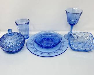 Large Blue Glassware Set, Serves 12 - Indiana Glass Light Blue Cubist, Avon Fostoria Water Goblets and Dish Set