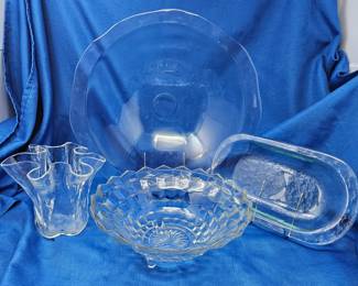 Lot of Crystal & Glass for The Kitchen - Fostoria Footed Bowl, Large Serving Bowl, Wavy Vase & Small Rectangle Platter