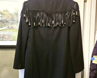 Vintage New Frontier Black Wool Western Fringe Jacket w/ Metal Conchos USA Sz Small