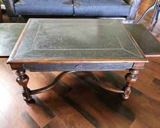 Metal & Leather Top Wood Coffee Table w/ Nail head Trim & Slide-Out Extenders w/ One Large Drawer 42"x32"