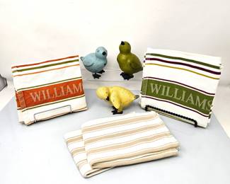 Set of Williams Sonoma Dish Towels Paired with Three Charming Wooden Birds in Assorted Colors