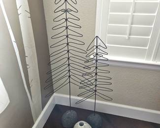 Set of 2 Twisted Metal Pine Trees with Stone Bases Decorative Home Décor