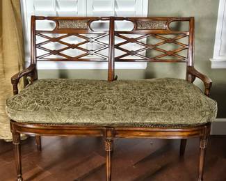 Restoration Hardware French Empire Style Cane Back Settee Bench – Carved Wood, Tufted Cushion, 50” Wide