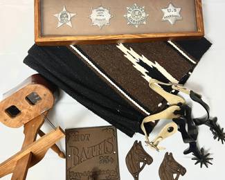 Western Style Memorabilia Lot with Badges, Spurs, Harness, Woven Rug and Wall Signs