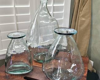 Set of 3 Hand-Blown Recycled Glass Bottles Vases 19" 12" 10" Rustic Clear Decor Centerpiece