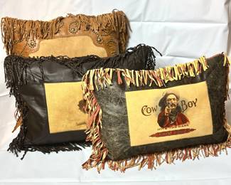 DD Western Decorative Pillows Set of 3, Cowboy Design, Leather & Suede, Fringe Trim
