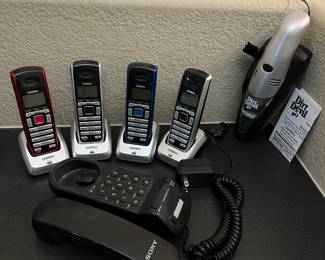 Lot of 4 Uniden Cordless Phones with Charging Docks & Dirt Devil Cordless Vacuum and a Vintage Sony Wall Phone