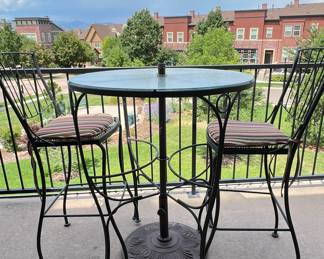 Metal Bistro set- glass top table, 4 chairs and umbrella with stand
