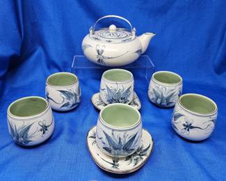 -Vintage Japanese Tea Set w/ Dragonfly Motif Teapot w/ Double Handles, 6 Cups, 2 Triangle Saucers Craquelure Glaze