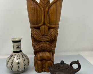 Vintage Tiki Decor Wooden Sculpture, Asian-Inspired Ceramic Vase with Calligraphy, Metal Mini Teapot