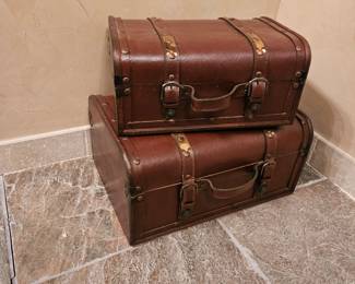 Vintage Brown Leather Luggage Set with Brass Accents - Antique Look Storage Trunks
