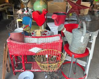 Farm decor, Wicker items, Metal stools, Garden Art