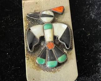 Vintage 1940's Zuni Inlay Turquoise & Jet Multi Stone & Silver Thunderbird Money Clip   $134