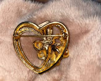 Vintage Avon Gold Tone & Red Rhinestone Heart & Bow Broach  $22