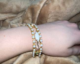 Vintage Milk Glass Bracelet Molded Glass Center Aurora Borealis Rhinestones Gold Tone (As Is)  $22