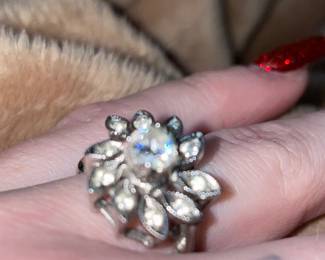 Vintage Floral Cluster Silver Tone Crystal Rhinestone Cocktail Ring  $34