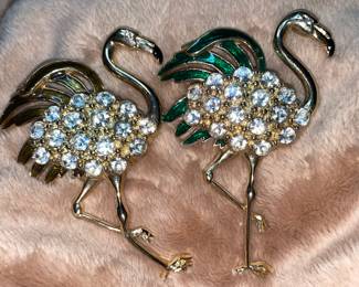 Vintage Rare Flamingo Broaches Citrine Green & Topaz with Clear Rhinestones  $60 Pair