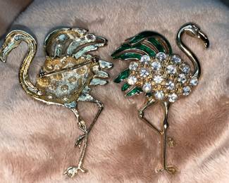 Vintage Rare Flamingo Broaches Citrine Green & Topaz with Clear Rhinestones  $60 Pair