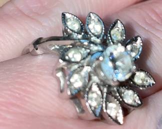 Vintage Floral Cluster Silver Tone Crystal Rhinestone Cocktail Ring  $34