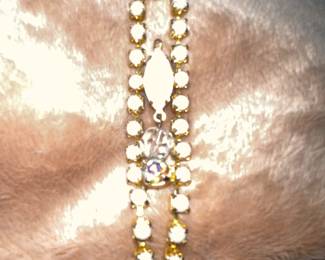 Vintage Milk Glass Bracelet Molded Glass Center Aurora Borealis Rhinestones Gold Tone (As Is)  $22