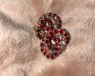 Vintage Signed Kramer Clip On Earrings Red & Aurora Borealis Rhinestones  $48