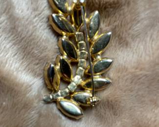 Vintage Ruby Red Iridescent Glass Marquis Rhinestone Gold Tone Leaf Pin Broach  $42
