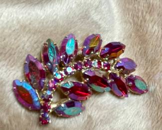 Vintage Ruby Red Iridescent Glass Marquis Rhinestone Gold Tone Leaf Pin Broach  $42