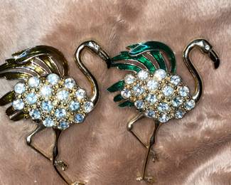 Vintage Rare Flamingo Broaches Citrine Green & Topaz with Clear Rhinestones  $60 Pair